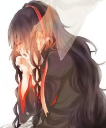 Rule 34 | 1girl, azami (kagerou project), black hair, crying, snake hair, hand on another&#039;s cheek, hand on another&#039;s face, kagerou project, kazemachidori, long hair, ribbon, sad, scales, solo focus, tears, transparent, tsukihiko (kagerou project), very long hair