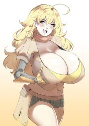 Rule 34 | 1girl, ahoge, alternate breast size, amputee, blonde hair, breasts, cleavage, highres, huge breasts, long hair, looking at viewer, lulu-chan92, navel, open clothes, open mouth, red scarf, rwby, scarf, shorts, solo, tank top, yang xiao long, yellow eyes