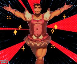 Rule 34 | 1boy, absurdres, ace attorney, bandaid, bandaid on face, bara, belly, black hair, dick gumshoe, dress, facial hair, feet out of frame, goatee stubble, grin, hairy, highres, kukustar (kukuu), large pectorals, lgbt pride, magical boy, male focus, mature male, medium sideburns, muscular, muscular male, open hands, outstretched arms, pectoral cleavage, pectorals, pink dress, rainbow gradient, sanpaku, short hair, sideburns stubble, smile, sparkle background, sparse arm hair, spread arms, stomach, stubble, thick chest hair, thick leg hair, topless male, transformation