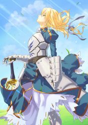 Rule 34 | 1girl, absurdres, armor, armored dress, artoria pendragon (fate), blonde hair, blue sky, braid, breastplate, cloud, dress, fate/stay night, fate (series), from side, gauntlets, gloves, grass, green eyes, hair between eyes, highres, juliet sleeves, long hair, long sleeves, looking up, outdoors, parted lips, planted sword, planted, puffy sleeves, ribbon, saber (fate), sky, solo, sword, takakiyo, weapon