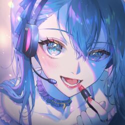 Rule 34 | 1girl, absurdres, blue eyes, blue hair, blush, choker, eyelashes, fingernails, hair between eyes, hair ornament, hatsune miku, headphones, highres, holding, kinakomocci518, lips, long hair, looking at viewer, makeup, microphone, nail polish, open mouth, ribbon, smile, solo, teeth, tongue, twintails, upper body, vocaloid