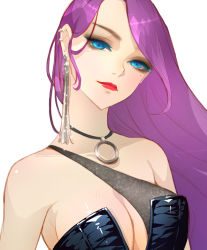 Rule 34 | 1girl, bare shoulders, blue eyes, blush, breasts, cleavage, colored eyelashes, highres, jewelry, large breasts, lips, lipstick, long hair, makeup, mascara, mole, mole under eye, necklace, original, orry, purple hair, solo