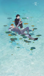 Rule 34 | 1a79f5as19e, 2boys, absurdres, aqua theme, arm pillow, black footwear, black hair, black jacket, black pants, blazer, blunt bangs, bowl cut, brown hair, bud, caustics, closed mouth, collared shirt, dated, day, flower, formal, from side, gakuran, grey jacket, grey pants, highres, hugging own legs, jacket, kageyama shigeo, knee up, knees up, lake, lily pad, long sleeves, looking away, looking up, lying, lying on water, male focus, mob psycho 100, multiple boys, necktie, on back, on water, outstretched arm, pants, pink necktie, pointing, pointing up, pool, reigen arataka, school uniform, shirt, shoes, short hair, side-by-side, sitting, sitting on water, smile, suit, tile floor, tiles, water lily flower, white flower, white footwear, white shirt