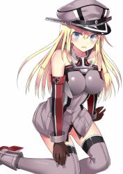 Rule 34 | 10s, 1girl, 501092-taka, bare shoulders, bismarck (kancolle), black panties, blonde hair, blue eyes, blush, breasts, brown gloves, collarbone, commentary request, cross, detached sleeves, gloves, grey thighhighs, hair between eyes, hat, iron cross, kantai collection, kneeling, large breasts, long hair, looking at viewer, military, military hat, military uniform, open mouth, panties, peaked cap, simple background, solo, thighhighs, underwear, uniform, white background