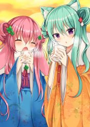 Rule 34 | 2girls, animal ear fluff, animal ears, blue kimono, blush, brown kimono, chestnut mouth, closed eyes, commentary request, cup, disposable cup, double bun, floral print, fur collar, green hair, hair between eyes, hair bun, hair ornament, holding, holding cup, japanese clothes, kimono, long hair, long sleeves, maki soutoki, multiple girls, obi, open mouth, original, parted lips, pink hair, print kimono, purple eyes, purple ribbon, red ribbon, ribbon, sash, side bun, sidelocks, single side bun, sleeves past wrists, very long hair, wide sleeves