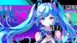 Rule 34 | 1girl, absurdres, bare shoulders, black background, black bow, black bowtie, blue background, blue eyes, blue hair, blue nails, blue sleeves, bow, bowtie, cardiogram, chinese commentary, closed mouth, collared shirt, colorful, commentary request, dated, detached sleeves, eyelashes, glitch, hair ornament, hatsune miku, heart, highres, light blush, light smile, long hair, looking at viewer, mie haha, nail polish, number tattoo, own hands together, plaid sleeves, polka dot, polka dot background, shirt, shoulder tattoo, signature, sleeveless, sleeveless shirt, sleeves past wrists, solo, tattoo, twintails, two-tone background, two-tone sleeves, upper body, vocaloid, watermark, weibo logo, weibo watermark, white shirt, white sleeves