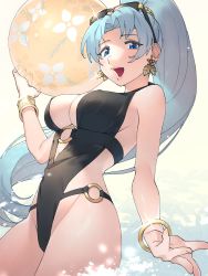 Rule 34 | 1girl, :d, ball, beachball, black-framed eyewear, black one-piece swimsuit, blue eyes, blue hair, bracelet, breasts, casual one-piece swimsuit, character request, cleavage, cowboy shot, earrings, eyewear on head, floating hair, hair intakes, high ponytail, highleg, highleg swimsuit, highres, holding, holding ball, jewelry, long hair, looking at viewer, medium breasts, o-ring, o-ring swimsuit, one-piece swimsuit, open mouth, sideboob, smile, solo, sunglasses, swimsuit, ubo (ubo tales), very long hair, white background