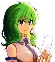Rule 34 | 1girl, absurdres, ahoge, breasts, detached sleeves, frog hair ornament, gohei, green eyes, green hair, hair ornament, hair tubes, highres, kochiya sanae, long hair, looking at viewer, medium breasts, nontraditional miko, sen (daydream 53), simple background, smile, snake hair ornament, solo, touhou, upper body, white background