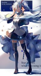 Rule 34 | 1girl, absurdres, ahoge, arms up, back bow, bare shoulders, black footwear, black skirt, black sleeves, blue bow, blue eyes, blue hair, blue nails, blue necktie, boots, bow, commentary request, detached sleeves, english text, grey shirt, hair between eyes, hatsune miku, headphones, headset, high heel boots, high heels, highres, large bow, long hair, long sleeves, looking at viewer, miniskirt, nail polish, necktie, parted lips, pleated skirt, saihate (d3), shirt, skirt, solo, star (symbol), thigh boots, thighhighs, very long hair, vocaloid, wide sleeves, zettai ryouiki