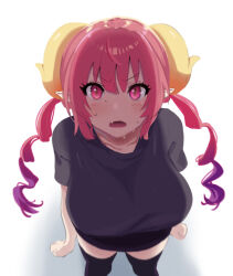 Rule 34 | 1girl, aa2mee, absurdres, black shirt, black thighhighs, blush, breasts, collarbone, commentary, dragon girl, dragon horns, drill hair, english commentary, fang, from above, gradient hair, height difference, highres, horns, ilulu (maidragon), kobayashi-san chi no maidragon, large breasts, looking at viewer, looking up, low twintails, multicolored hair, open mouth, pink eyes, pink hair, pointy ears, pov, purple hair, shadow, shirt, short sleeves, shortstack, simple background, skin fang, slit pupils, sweat, sweatdrop, thighhighs, twin drills, twintails, two-tone hair, v-shaped eyebrows, white background, yellow horns