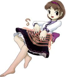 Rule 34 | 1girl, barefoot, brown hair, double dealing character, full body, instrument, lowres, musical note, official art, pale skin, simple background, skirt, smile, solo, touhou, transparent background, tsukumo yatsuhashi, white background, zun (artist)