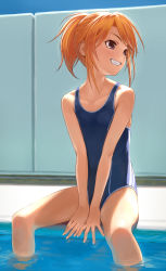 Rule 34 | 1girl, between legs, blue one-piece swimsuit, blush, brown hair, collarbone, commentary request, day, flat chest, grin, hand between legs, highres, idolmaster, idolmaster cinderella girls, legs apart, looking to the side, nekopuchi, one-piece swimsuit, outdoors, parted lips, ponytail, pool, purple eyes, school swimsuit, sidelocks, smile, soaking feet, solo, swimsuit, yuuki haru