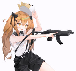 Rule 34 | 1girl, :d, bare arms, bare shoulders, black bow, black shorts, blush, bow, brown eyes, brown hair, collared shirt, dduck kong, dog mask, girls&#039; frontline, gun, h&amp;k ump, h&amp;k ump, hair between eyes, hair bow, hair ornament, hairclip, highres, holding, holding gun, holding mask, holding weapon, long hair, mask, unworn mask, official alternate costume, open mouth, outstretched arm, shirt, short shorts, shorts, simple background, sleeveless, sleeveless shirt, smile, solo, submachine gun, suspender shorts, suspenders, twintails, ump9 (girls&#039; frontline), ump9 (shiba investigator) (girls&#039; frontline), very long hair, weapon, white background, white shirt