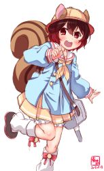 Rule 34 | 1girl, animal ears, azur lane, brown hair, cosplay, dated, gradient hair, highres, historical name connection, kanon (kurogane knights), kantai collection, kemonomimi mode, kindergarten uniform, logo, looking at viewer, loose socks, multicolored hair, mutsuki (azur lane), mutsuki (azur lane) (cosplay), mutsuki (kancolle), name connection, neckerchief, open mouth, pleated skirt, red hair, sailor collar, short hair, simple background, skirt, smile, socks, solo, squirrel ears, squirrel tail, standing, standing on one leg, tail, teeth, upper teeth only, white background, white sailor collar, yellow neckerchief, yellow skirt