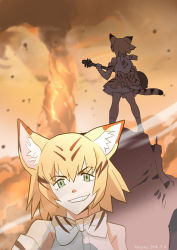 Rule 34 | 10s, 1girl, animal ears, blonde hair, bow, bowtie, cat ears, cat tail, commentary request, dated, elbow gloves, flcl, gloves, green eyes, grin, guitar, haruhara haruko, holding, holding instrument, instrument, kemono friends, korean commentary, parody, print bow, print bowtie, print neckwear, print skirt, roonhee, sand cat (kemono friends), sand cat print, short hair, skirt, smile, solo, standing, tail, tornado