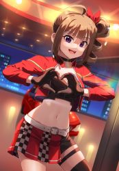 Rule 34 | 1girl, ahoge, asymmetrical pants, belt, breasts, brown hair, bustier, car, checkered clothes, checkered skirt, choker, cleavage, contrapposto, cropped jacket, diffraction spikes, drill hair, drill ponytail, gloves, heart, heart hands, highres, idolmaster, idolmaster million live!, idolmaster million live! theater days, jacket, kamille (vcx68), lens flare, looking at viewer, medium hair, midriff, motor vehicle, navel, open mouth, ponytail, purple eyes, race queen, red jacket, side ponytail, skirt, smile, white belt, yokoyama nao
