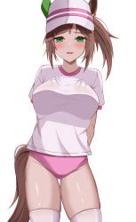 Rule 34 | 1girl, absurdres, animal ears, arms behind back, blush, breasts, brown hair, buruma, contrapposto, cowboy shot, diagonal bangs, diamond-shaped pupils, diamond (shape), ear covers, green eyes, gym uniform, hair through headwear, highres, horse ears, horse girl, horse tail, ines fujin (umamusume), large breasts, long hair, looking at viewer, newon, open mouth, pink buruma, shiny skin, shirt, short sleeves, side ponytail, simple background, single ear cover, smile, sportswear, straight-on, symbol-shaped pupils, tail, taut clothes, taut shirt, thigh gap, thighhighs, thighs, umamusume, visor, visor cap, white background, white shirt, white thighhighs