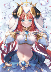 Rule 34 | 1girl, armlet, blue eyes, blue skirt, blush, bracer, breasts, brooch, commentary request, crop top, genshin impact, hair ornament, hands up, harem outfit, highres, horns, jewelry, long hair, long sleeves, looking at viewer, medium breasts, navel, neck ring, nilou (genshin impact), puffy long sleeves, puffy sleeves, red hair, renka (renkas), sash, sidelocks, skirt, smile, solo, veil, water