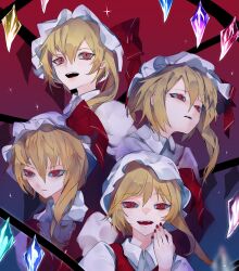 Rule 34 | 1girl, blonde hair, collared shirt, crystal, flandre scarlet, four of a kind (touhou), gradient background, hair between eyes, hat, highres, ikurauni, medium hair, mob cap, multicolored wings, nail polish, one side up, open mouth, puffy short sleeves, puffy sleeves, red background, red eyes, red nails, red vest, shirt, short sleeves, simple background, solo, teeth, touhou, upper body, upper teeth only, vest, white hat, white shirt, wings