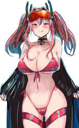 Rule 34 | 1girl, absurdres, azur lane, bikini, black jacket, blue hair, blush, breasts, bremerton (azur lane), choker, cleavage, goggles, goggles on head, hey taisyou, highleg, highleg bikini, highres, jacket, large breasts, lifebuoy, looking at viewer, multicolored hair, navel, navel piercing, piercing, pink bikini, pink hair, red eyes, simple background, smile, string bikini, swim ring, swimsuit, thigh strap, tongue, tongue out, twintails, two-tone hair