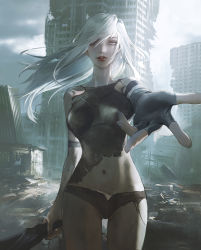 Rule 34 | 1girl, absurdres, android, bare shoulders, black gloves, blue eyes, breasts, cowboy shot, day, fingerless gloves, gloves, hair between eyes, highres, holding, holding weapon, joints, leesuyeon, lips, long hair, looking at viewer, medium breasts, navel, nier (series), nier:automata, outdoors, outstretched arm, robot joints, ruins, single fingerless glove, solo, standing, torn clothes, weapon, white hair, wind, a2 (nier:automata)