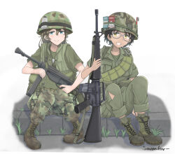 Rule 34 | 2girls, ammunition pouch, arm support, artist name, assault rifle, backpack, bag, belt, belt pouch, black hair, blue eyes, boots, bottle, breast pocket, camouflage, camouflage footwear, camouflage headwear, camouflage pants, cigarette pack, collared shirt, combat boots, combat helmet, commentary, cross-laced footwear, dark-skinned female, dark skin, dog tags, english commentary, fatigues, flak jacket, full body, glasses, grass, green bag, green belt, green footwear, green headwear, green shirt, green socks, green vest, grey-framed eyewear, gun, gun sling, headwear writing, helmet, highres, holding, holding gun, holding weapon, jacket, jewelry, lace-up boots, long hair, looking at viewer, m16, m16a1, m1 helmet, m3 submachine gun, military, military uniform, multiple girls, name tag, necklace, open collar, open mouth, original, pants, pants rolled up, pants tucked in, pavement, peace symbol, pocket, pouch, rifle, savankov, shirt, short hair, short sleeves, simple background, sitting, sleeves rolled up, smile, socks, soldier, submachine gun, t-shirt, teeth, toothbrush, torn clothes, torn pants, uniform, united states army, utility belt, vest, vietnam war, weapon, white background, woodland camouflage, yellow eyes