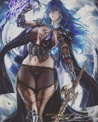Rule 34 | 1girl, armor, ass, bikini, bikini armor, bikini under clothes, black armor, black bikini, black cape, blue eyes, blue hair, bodysuit, boots, breasts, byleth (female) (fire emblem), byleth (fire emblem), cape, cleavage, curvy, dagger, feet out of frame, female focus, fire emblem, fire emblem: three houses, fire emblem heroes, fishnet armwear, fishnet bodysuit, fishnet gloves, fishnet pantyhose, fishnet top, fishnet sleeves, fishnets, gauntlets, gloves, greaves, high heel boots, high heels, holding, holding sword, holding weapon, huge ass, huge breasts, knife, large breasts, legs, long hair, long sleeves, navel, nintendo, pantyhose, sakimichan, scabbard, sheath, sheathed, shirt, signature, skindentation, solo, standing, stomach, swimsuit, sword, thick thighs, thighhighs, thighs, weapon, wide hips