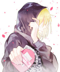 Rule 34 | 10s, 1boy, ahoi, animal print, bad id, bad pixiv id, blonde hair, blush, box, covering face, english text, facing away, gift, hand up, heart-shaped box, highres, holding, holding gift, hood, hoodie, incoming gift, leopard print, light particles, long sleeves, male focus, note, open mouth, outstretched arm, petals, profile, simple background, solo, upper body, valentine, white background, yuri!!! on ice, yuri plisetsky