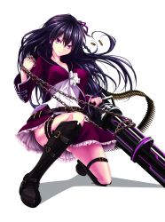 Rule 34 | 1girl, absurdres, arms up, belt, black hair, boots, bullet, chain, dress, gatling gun, gun, highres, kneeling, on one knee, purple eyes, solo, souchi, thigh strap, weapon
