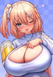 Rule 34 | 1girl, alcohol, android, beer, beer mug, blue eyes, blush, breasts, checkered background, cleavage cutout, clothing cutout, commentary, cup, drunk, english commentary, grey sweater, hair ornament, hime hajime, hime hajime (1st costume), holding, holding cup, huge breasts, impossible clothes, kaptivate, mug, object through head, one eye closed, power symbol, pulling, screw in head, side ponytail, solo, squeans, sweater, tongue, tongue out, virtual youtuber, vshojo