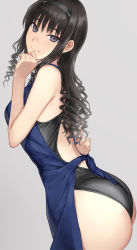 Rule 34 | 1girl, amagami, apron, ass, bare arms, bare shoulders, black eyes, black hair, black hairband, black one-piece swimsuit, blue apron, breasts, closed mouth, competition swimsuit, cowboy shot, drill hair, from side, grey background, hairband, highres, leaning forward, long hair, looking at viewer, looking to the side, medium breasts, morishima haruka, one-piece swimsuit, serizawa (serizawaroom), sidelocks, simple background, skindentation, smile, solo, swimsuit, swimsuit under clothes, undressing