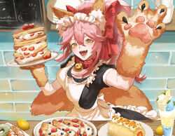 Rule 34 | 1girl, animal ear fluff, animal ears, animal hands, apron, back bow, bell, black dress, blueberry, bow, cat paws, chalkboard, claw pose, collar, commentary, cream, cup, dress, drink, drinking glass, english commentary, fang, fate/grand order, fate (series), food, fox ears, fox girl, fox tail, frilled apron, frills, fruit, gloves, hair between eyes, hair bow, hands up, highres, holding, holding plate, indoors, jingle bell, large bow, lemon, lemon slice, long hair, looking at viewer, maid, maid headdress, neck bell, open mouth, paw gloves, pink hair, plate, plate stack, ponytail, puffy short sleeves, puffy sleeves, red bow, shelf, short sleeves, smile, solo, sparkle, strawberry, table, tail, tamamo (fate), tamamo cat (fate), tamamo cat (second ascension) (fate), teeth, white apron, white bow, yellow eyes, zuraa (naunau seijin)