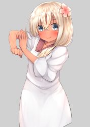 Rule 34 | 10s, 1girl, :q, absurdres, alternate costume, apron, blonde hair, blue eyes, blush, clenched hand, cowboy shot, flower, go-1, grey background, hair flower, hair ornament, hair over shoulder, highres, kantai collection, kappougi, lips, looking at viewer, ro-500 (kancolle), simple background, sleeves rolled up, solo, tan, tongue, tongue out