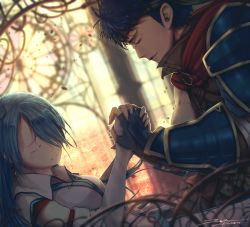 Rule 34 | 1boy, 1girl, armor, blue armor, blue gloves, blue hair, blush, cape, closed mouth, dark blue hair, dated, closed eyes, fantasy, fingerless gloves, fire emblem, fire emblem: radiant dawn, gloves, hair over one eye, holding hands, headband, highres, ike (fire emblem), light blue hair, long hair, lucia (fire emblem), nintendo, parted lips, pauldrons, red cape, shoulder armor, signature, smile, vambraces, white gloves, window, zeniyan