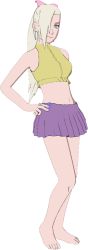 Rule 34 | 1girl, 3d, bare shoulders, barefoot, blonde hair, blue eyes, feet, hair over one eye, hand on own hip, looking at viewer, naruto, naruto (series), navel, ponytail, simple background, skirt, smile, yamanaka ino