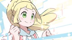Rule 34 | 1girl, blonde hair, blush, braid, clenched hands, closed mouth, commentary request, creatures (company), floating hair, french braid, game freak, green eyes, hands up, high ponytail, highres, kikugawa manami, lillie (pokemon), long hair, nintendo, pokemon, pokemon sm, shirt, smile, solo, sparkle, split mouth, upper body, white shirt
