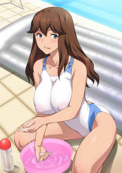 Rule 34 | 1girl, air mattress, bare legs, blue eyes, blush, breasts, brown hair, bucket, character request, floor, groin, highres, indoors, jk fuuzoku gakuensai, joy ride, kneeling, large breasts, legs, long hair, looking at viewer, lotion, lotion play, lube, madoka-chan (jk fuuzoku gakuensai), nipples, nuru massage, oil, open mouth, original, pool, see-through, sleeveless, smile, soapland, solo, swimsuit, thighs, water