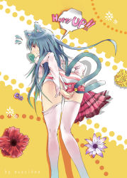 Rule 34 | 1girl, animal ears, ass, bad id, bad pixiv id, bent over, blue hair, cat ears, cat tail, flower, long hair, looking back, mouth hold, nauribon, original, panties, red eyes, solo, striped clothes, striped panties, tail, thighhighs, underwear, white thighhighs
