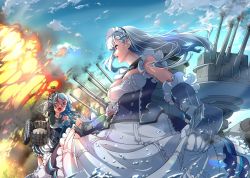 Rule 34 | 2girls, apron, aqua neckwear, azur lane, bad id, bad pixiv id, bare shoulders, belfast (azur lane), black dress, black gloves, blue eyes, blue sky, bow, braid, breasts, buttons, chain, cleavage, clothes lift, cloud, dress, dress lift, edinburgh (azur lane), explosion, floating hair, french braid, frilled apron, frilled dress, frills, gloves, hair bow, looking at another, machinery, maid, maid apron, maid headdress, medium breasts, multiple girls, neckerchief, one eye closed, open mouth, outdoors, round eyewear, rusk (canvas4ban), sailor collar, silver hair, sky, smoke, teeth, turret, waist apron, water, white apron, white bow, white sailor collar
