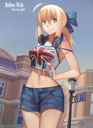 Rule 34 | 1girl, alternate costume, artoria pendragon (fate), beats by dr. dre, bianyuanqishi, blonde hair, bow, casual, cowboy shot, crop top, denim, denim shorts, digital media player, fate/stay night, fate (series), flag print, green eyes, hair bow, headphones, headphones around neck, highres, ipod, looking at viewer, microphone, midriff, navel, ponytail, print shirt, saber (fate), shirt, short hair, shorts, sidelocks, signature, solo, strapless, tube top, union jack, united kingdom