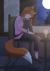 Rule 34 | 1girl, absurdres, animal ear fluff, animal ears, brodann, brown hair, candle, chair, head rest, full moon, highres, holo, knee to chest, long hair, moon, night, one eye closed, shadow, smile, solo, spice and wolf, tail, tree, wolf ears, wolf tail