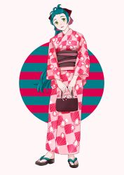 Rule 34 | 1girl, antenna hair, bad id, bad twitter id, bag, checkered clothes, checkered kimono, full body, geta, green eyes, green hair, handbag, irako (kancolle), japanese clothes, kantai collection, kimono, leaning to the side, long hair, looking at viewer, ojipon, ponytail, red kimono, sandals, smile, solo, white background, yukata