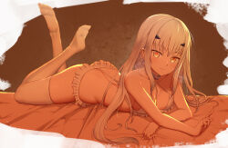 1girl ass bare_shoulders bikini blush breasts choker collarbone fate/grand_order fate_(series) forked_eyebrows highres long_hair looking_at_viewer lying mailixiang melusine_(fate) on_stomach sidelocks small_breasts smile solo swimsuit thighhighs white_bikini white_hair white_thighhighs yellow_eyes