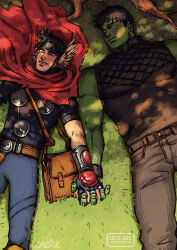 Rule 34 | 2boys, ^ ^, alien, bag, bara, black hair, blonde hair, blush, cloak, closed eyes, colored skin, couple, cris art, denim, feather hair ornament, feathers, feet out of frame, from above, grass, green skin, hair ornament, happy, holding hands, hulkling, interlocked fingers, jeans, looking at another, male focus, marvel, multiple boys, muscular, muscular male, pants, pectorals, red cloak, shirt, short hair, shoulder bag, sleeveless, sleeveless shirt, sunlight, thick eyebrows, vambraces, wiccan, yaoi