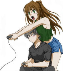 Rule 34 | 1boy, 1girl, angry, bare shoulders, black eyes, black hair, blush, breast rest, breasts, breasts on head, brown hair, colorized, controller, denim, denim shorts, embarrassed, game console, game controller, gamepad, green eyes, jpeg artifacts, kouno takaaki, kousaka tamaki, long hair, open mouth, playing games, short hair, shorts, sitting, source request, sweat, tank top, third-party edit, to heart (series), to heart 2, tsutsumi akari, video game