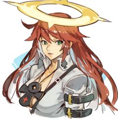 Rule 34 | 1girl, ankh, aria (guilty gear), bodysuit, spiked halo, green eyes, guilty gear, guilty gear strive, halo, jack-o&#039; valentine, jewelry, long hair, necklace, portrait, red hair, straight hair, uncle rabbit ii, white bodysuit