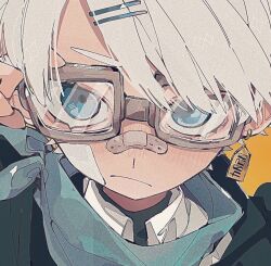 Rule 34 | 1boy, bandaid, bandaid on face, bandaid on nose, blue eyes, close-up, earrings, glasses, hair ornament, hairpin, hand up, jewelry, kpnoks, male focus, original, short hair, simple background, solo, white background, white hair