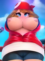 Rule 34 | 1girl, bandana, bike shorts, blue eyes, breasts, brown hair, cleft of venus, creatures (company), day, eyelashes, foreshortening, from below, game freak, highres, huge breasts, may (pokemon), mystical, nintendo, nipples, no bra, outdoors, pokemon, pokemon rse, solo, standing, underboob