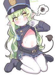 Rule 34 | 1girl, absurdres, black footwear, black hat, black shirt, black skirt, black tail, blue archive, blush, boots, closed mouth, demon tail, gloves, green hair, green halo, halo, hat, hikari (blue archive), highres, long hair, long sleeves, pantyhose, peaked cap, pleated skirt, pointy ears, shirt, shoeguy, simple background, skirt, solo, spoken squiggle, squiggle, tail, white background, white gloves, white pantyhose, yellow eyes