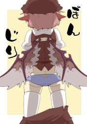 Rule 34 | 1girl, animal ears, ass, bird, chicken, clothes pull, hat, mystia lorelei, panties, pink hair, print panties, purple panties, short hair, skirt, skirt pull, solo, striped clothes, striped panties, thighhighs, touhou, underwear, vertical-striped clothes, vertical-striped panties, wings, zannen na hito
